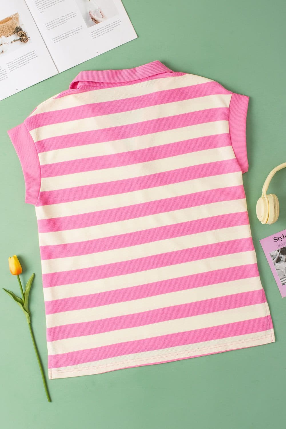 image-Pink Stripe V-Neck Collared Cap Sleeve Top