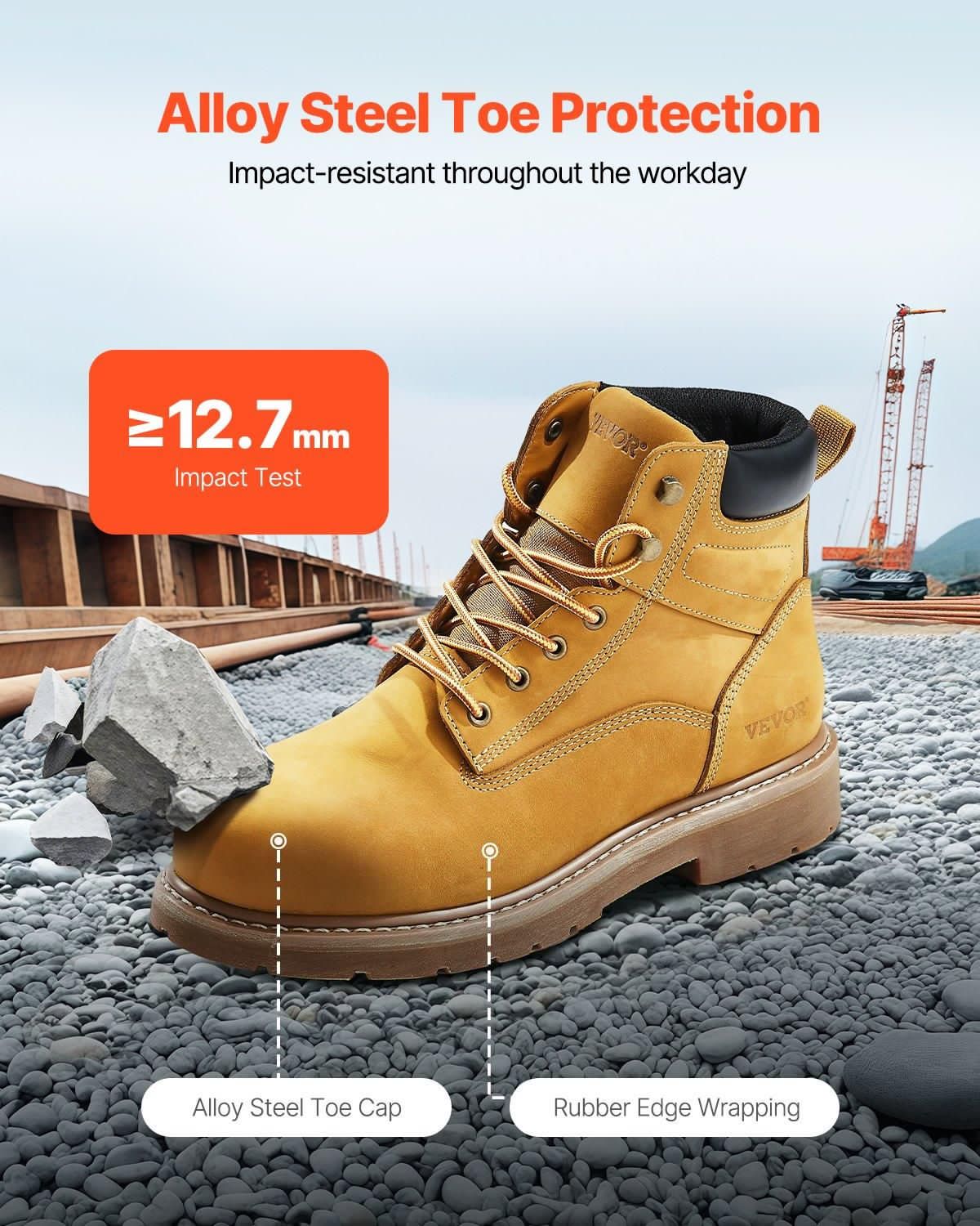 image-VEVOR Steel Toe Work Boots, US Size 8, Waterproof Work Boots for Men, Slip-Resistant Work Boot, Lightweight and Breathable Rubber Sole Mens Boots for Industry Construction, Brown Yellow