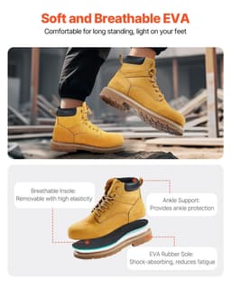 image-VEVOR Steel Toe Work Boots, US Size 8, Waterproof Work Boots for Men, Slip-Resistant Work Boot, Lightweight and Breathable Rubber Sole Mens Boots for Industry Construction, Brown Yellow