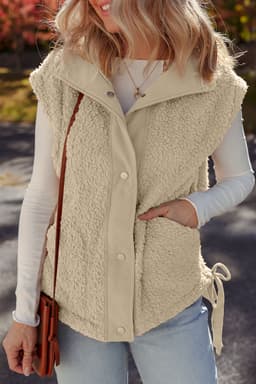 image-Beige Faux Fur Snap Button Front Knot Side Plush Vest with Pockets