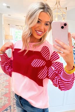 image-Floral Patch Textured Top - Striped Sleeves, Pink, Sizes S-XL