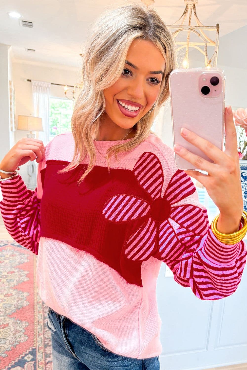 image-Floral Patch Textured Top - Striped Sleeves, Pink, Sizes S-XL