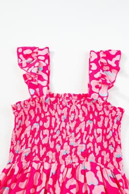 image-Pink Leopard Ruffle Straps Smocked High Waist Long Dress
