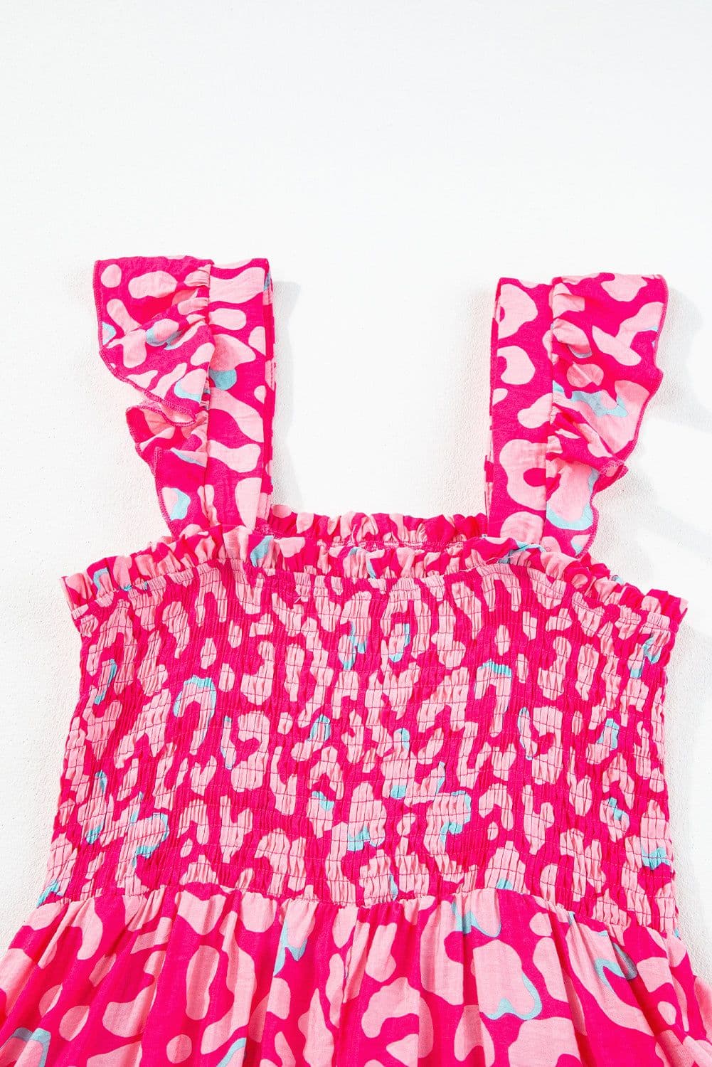 image-Pink Leopard Ruffle Straps Smocked High Waist Long Dress