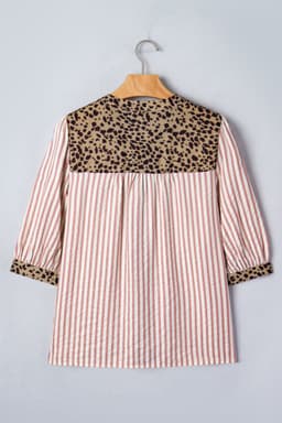 image-Pink Stripe Leopard Trim V Neck Button Down Shirt