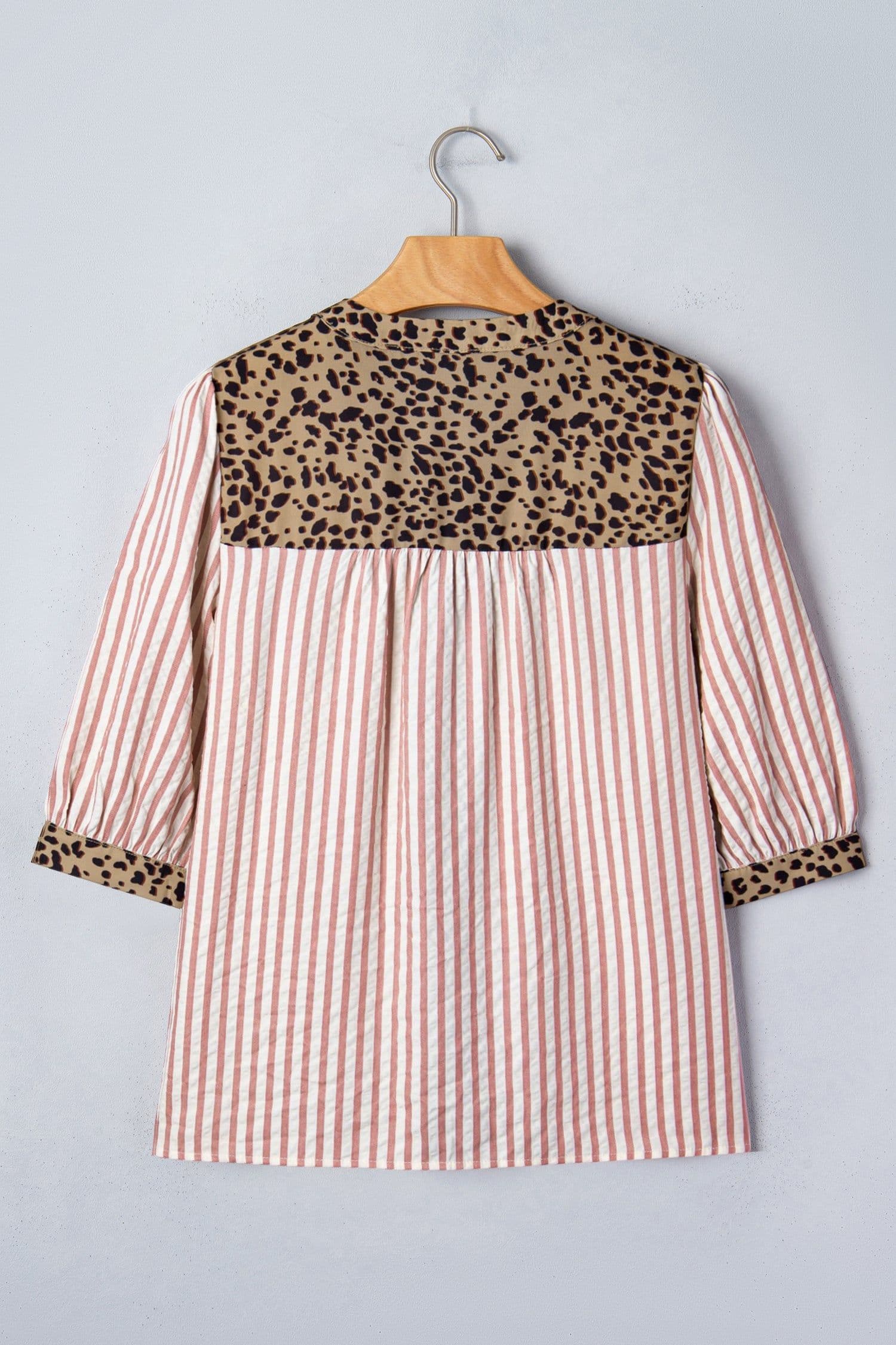 image-Pink Stripe Leopard Trim V Neck Button Down Shirt