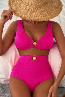 image-Rose Red Gold Shell Decor Wire-free Knotted 2pcs Bikini Swimsuit