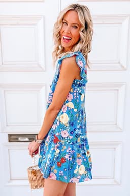 image-Sky Blue Floral Flutter Sleeve V Neck Ruffled Dress
