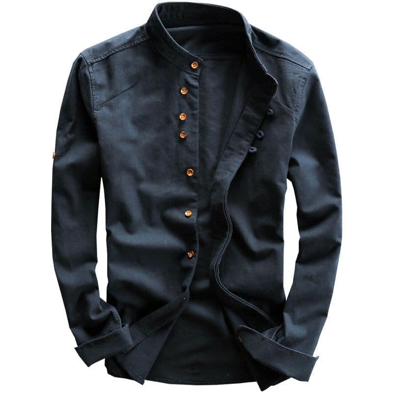 image-2024 autumn and winter new men's casual linen shirt Chinese style stand-up collar independent station wish cotton and linen shirt