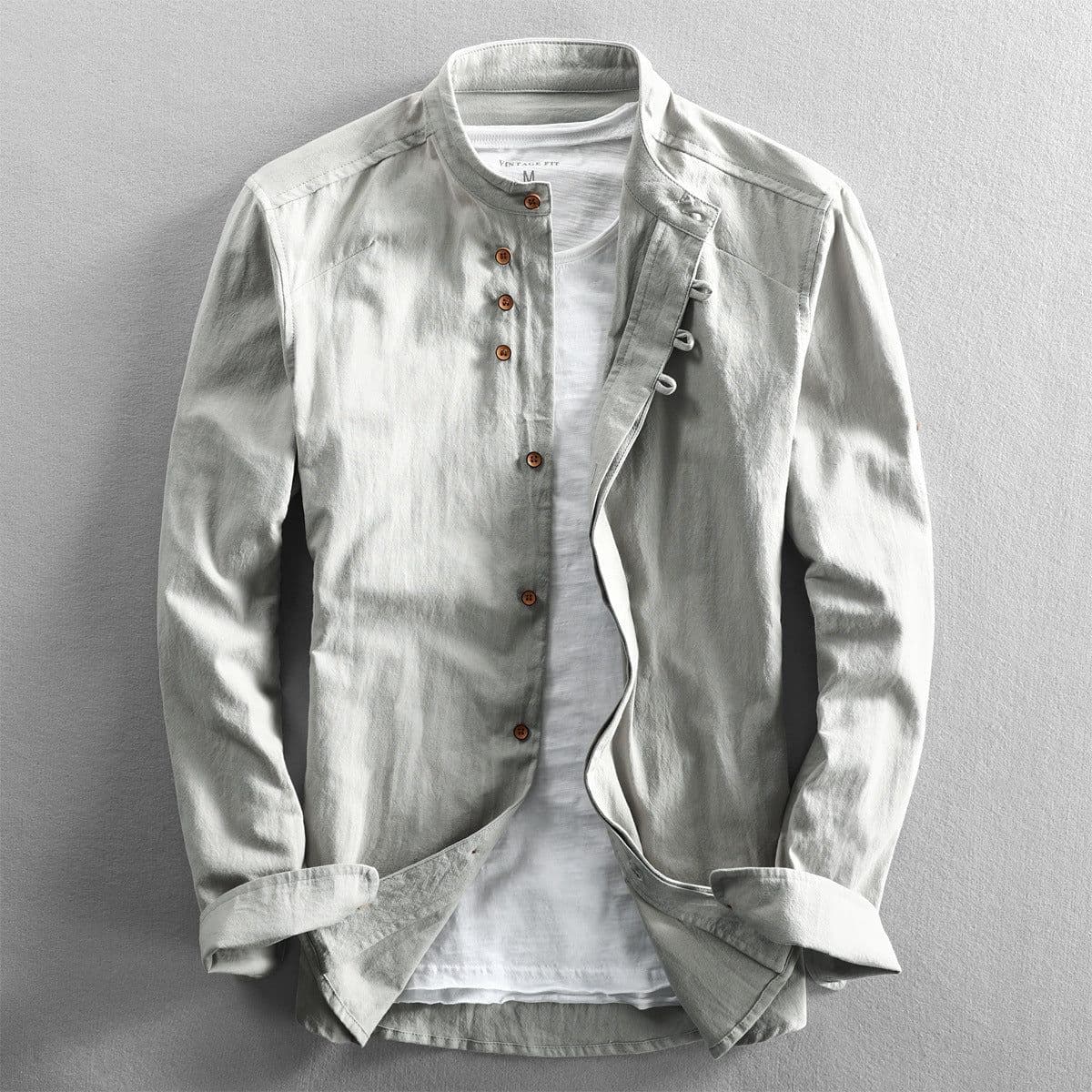 image-2024 autumn and winter new men's casual linen shirt Chinese style stand-up collar independent station wish cotton and linen shirt