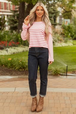 image-Pink Stripe Textured Contrast Drop Shoulder Top