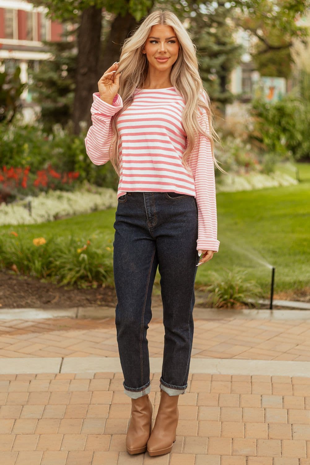 image-Pink Stripe Textured Contrast Drop Shoulder Top