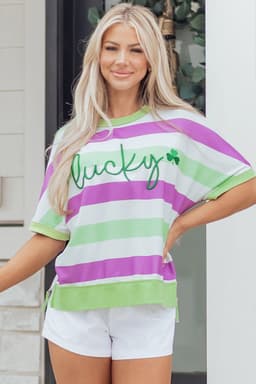 image-Green Stripe Lucky Clover Embroidered Graphic Dolman Loose Tee