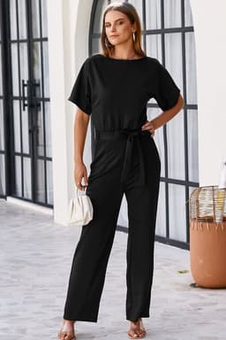 image-Black Belted Wide Leg Jumpsuit