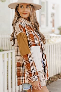 image-Plaid Color Block Patchwork Shirt Jacket - Orange, Sizes S-2XL