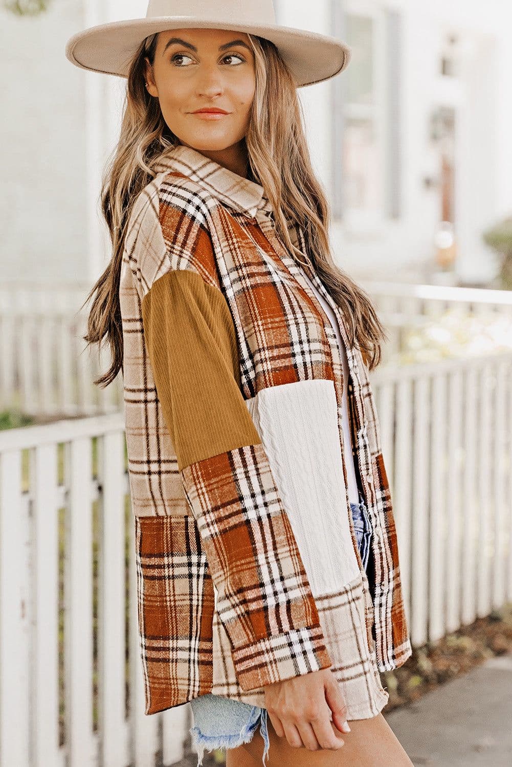 image-Plaid Color Block Patchwork Shirt Jacket - Orange, Sizes S-2XL