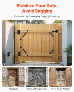 image-VEVOR Gate Corner Brace Bracket, Anti Sag Gate Frame Hardware Kit, Gate Frame Brace Bracket with Latch Lock Rope, Latch Lock, for Shed Doors, Corral Gates, Driveway Gates, Wood Windows, Iron, Black