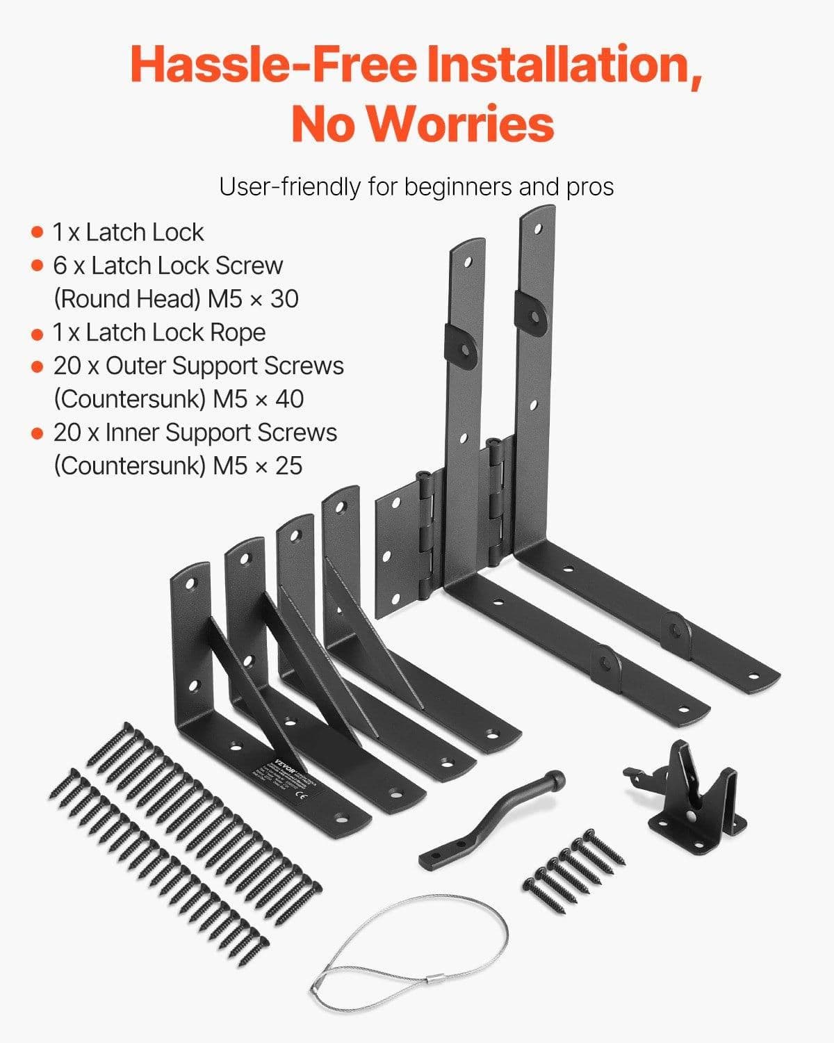 image-VEVOR Gate Corner Brace Bracket, Anti Sag Gate Frame Hardware Kit, Gate Frame Brace Bracket with Latch Lock Rope, Latch Lock, for Shed Doors, Corral Gates, Driveway Gates, Wood Windows, Iron, Black