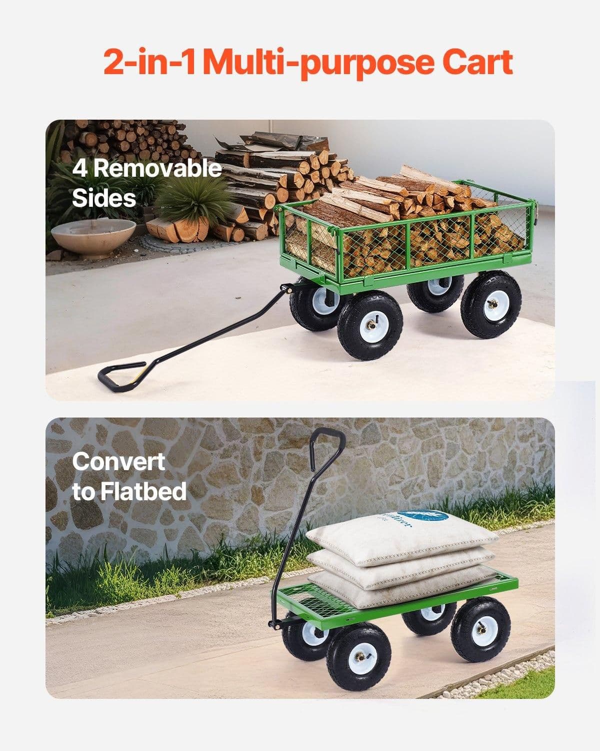 image-VEVOR 680 Lbs Steel Garden Cart on Wheels, Heavy Duty Garden Wagon Cart Pullable, Metal Outdoor Utility Yard Wagon Carts with 10" Tires, Mesh Removable Sides and 180°Rotating Handle