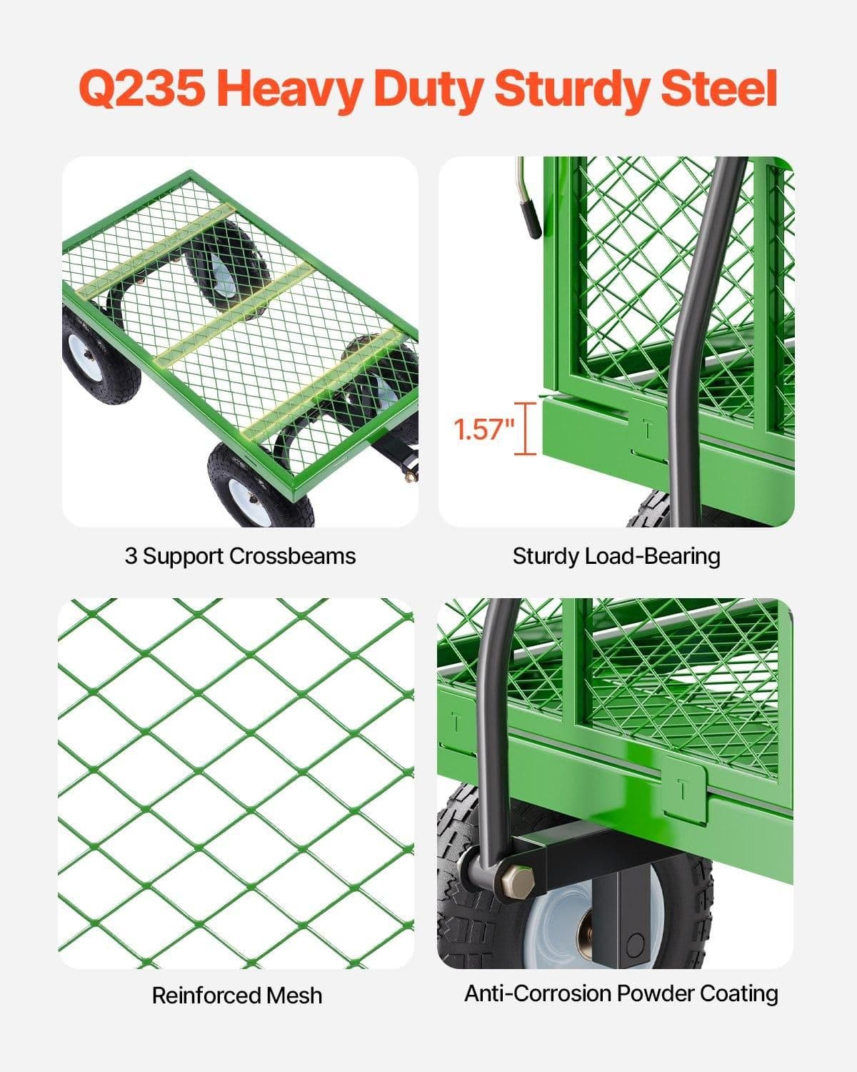 image-VEVOR 680 Lbs Steel Garden Cart on Wheels, Heavy Duty Garden Wagon Cart Pullable, Metal Outdoor Utility Yard Wagon Carts with 10" Tires, Mesh Removable Sides and 180°Rotating Handle