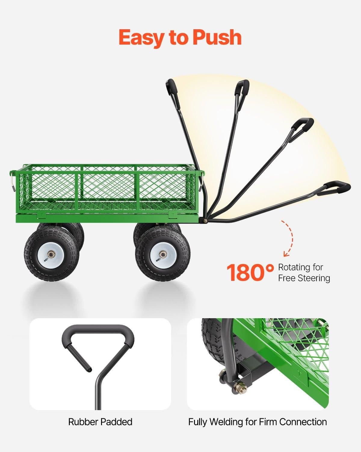 image-VEVOR 680 Lbs Steel Garden Cart on Wheels, Heavy Duty Garden Wagon Cart Pullable, Metal Outdoor Utility Yard Wagon Carts with 10" Tires, Mesh Removable Sides and 180°Rotating Handle