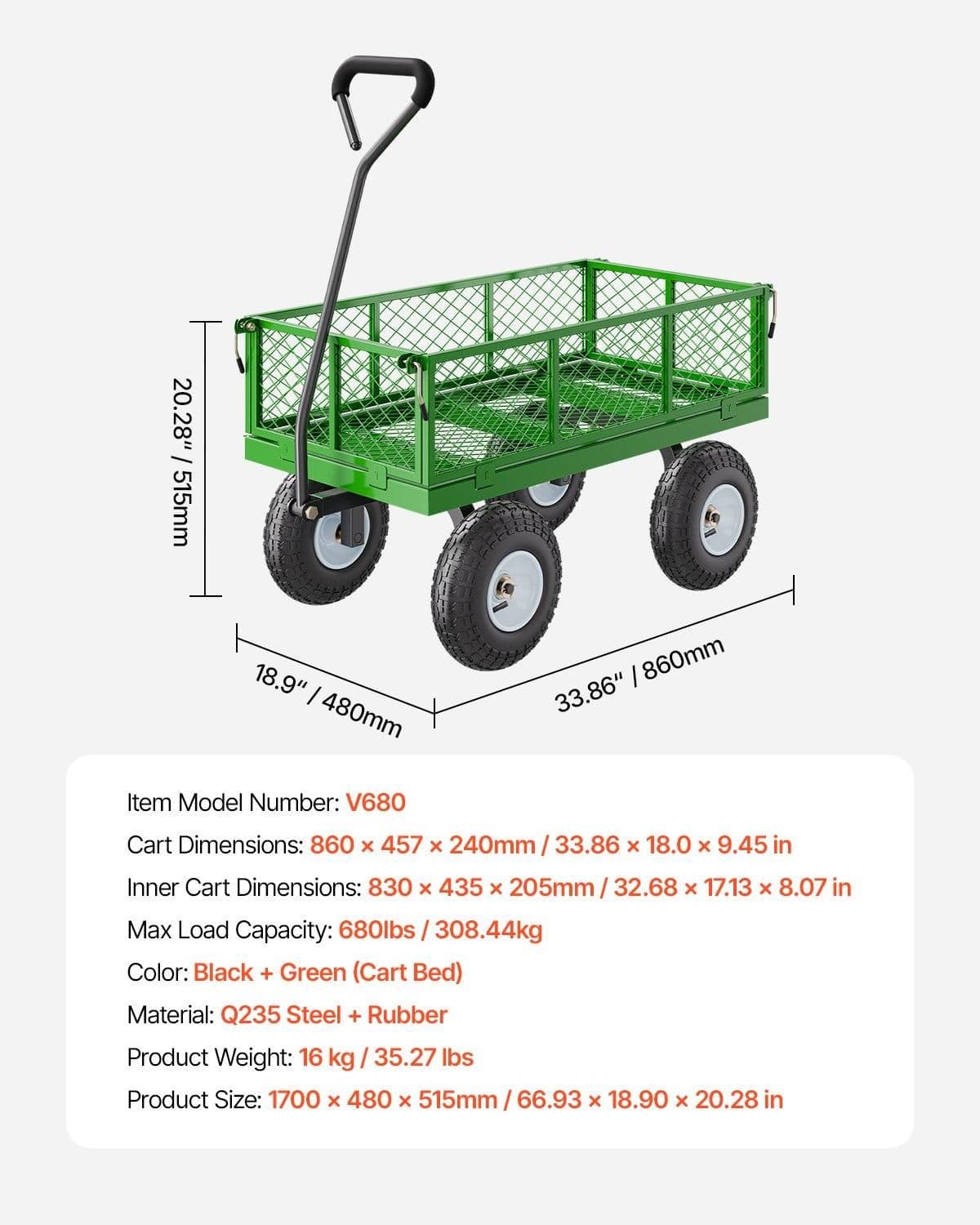 image-VEVOR 680 Lbs Steel Garden Cart on Wheels, Heavy Duty Garden Wagon Cart Pullable, Metal Outdoor Utility Yard Wagon Carts with 10" Tires, Mesh Removable Sides and 180°Rotating Handle
