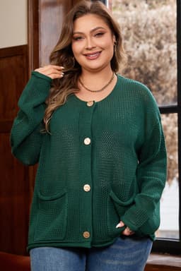 image-Blackish Green Plus Size Cardigan Golden Buttons