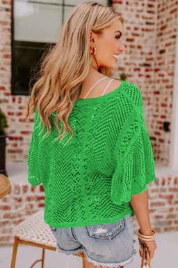 image-Rose Red Pointelle Knit Top - Short Sleeve, Scallop Edge, Delicate Design
