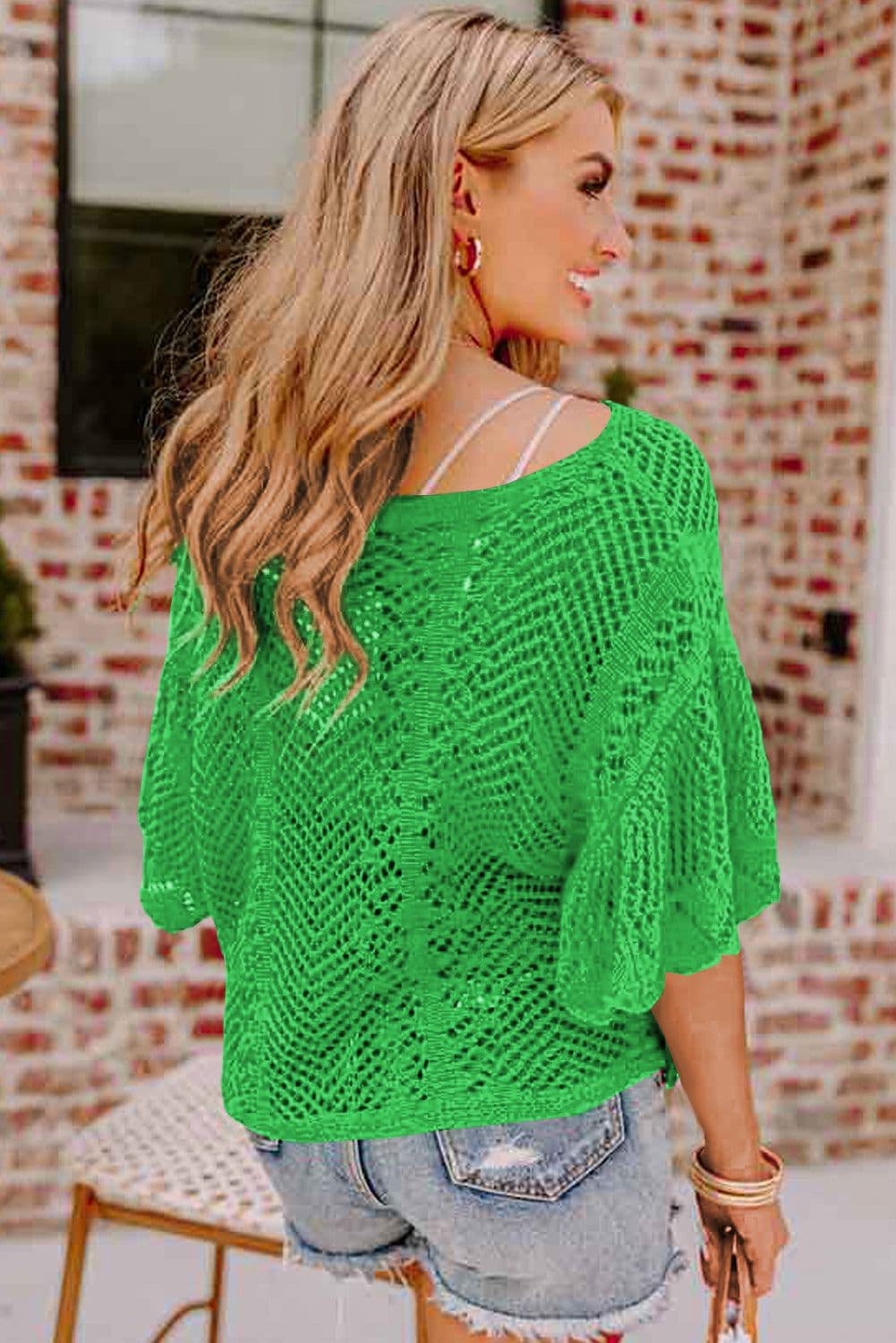 image-Rose Red Pointelle Knit Top - Short Sleeve, Scallop Edge, Delicate Design