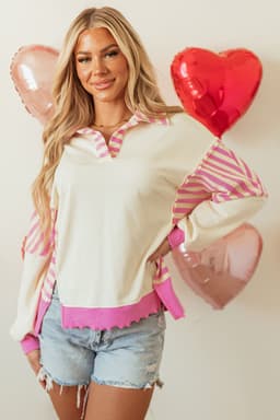 image-Pink Stripe Colorblock Patchwork Collared French Terry Top