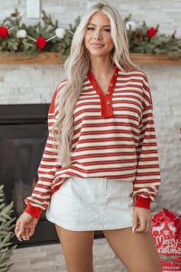 image-Red Stripe V-Neck Collared Button Top - Drop Shoulder
