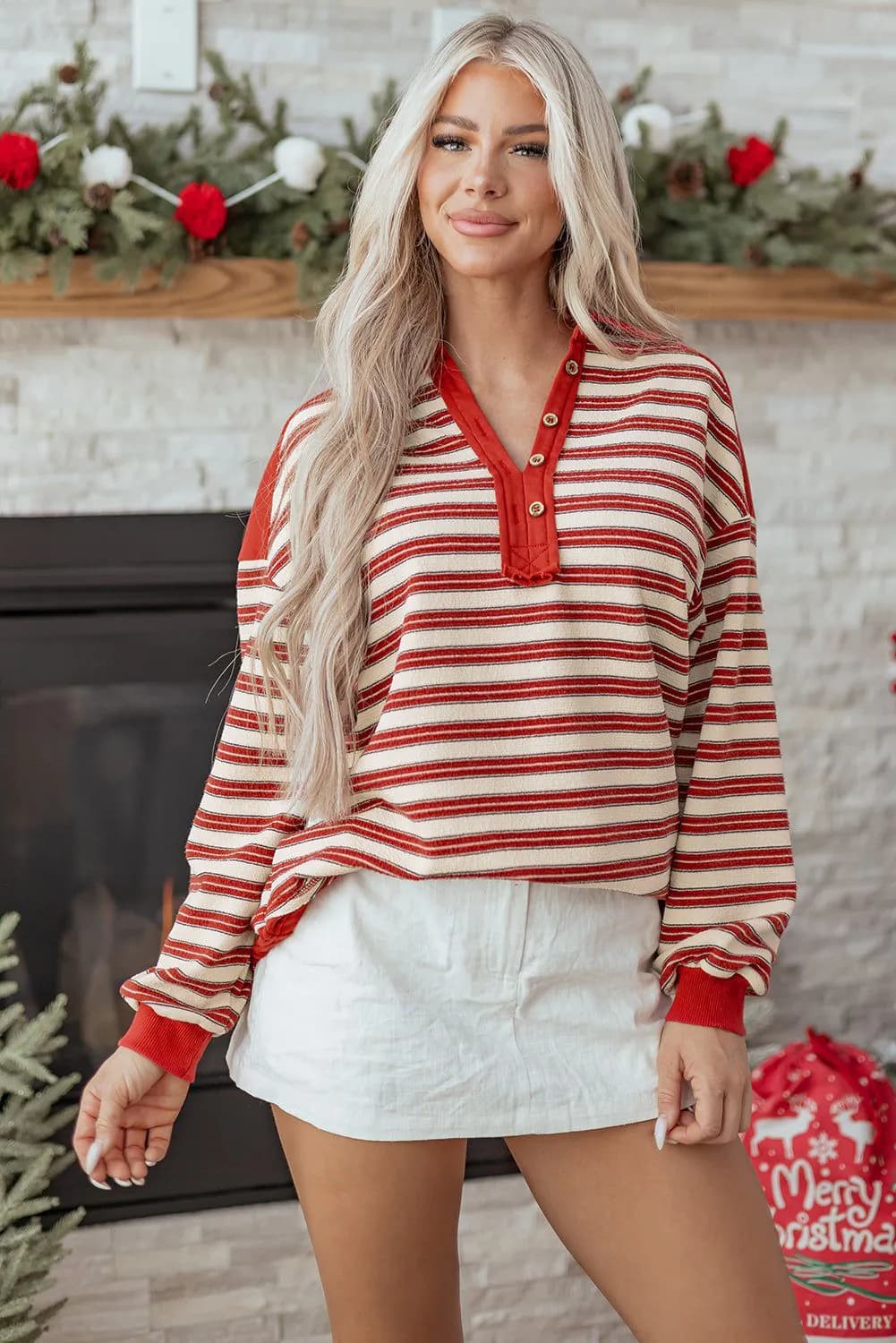 image-Red Stripe V-Neck Collared Button Top - Drop Shoulder