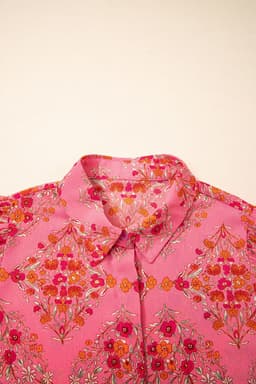 image-Rose Red Floral Print Shirt - Wide Short Sleeve Loose
