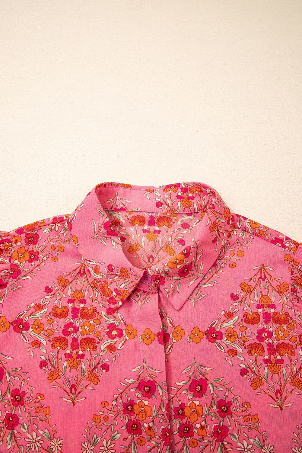 image-Rose Red Floral Print Shirt - Wide Short Sleeve Loose