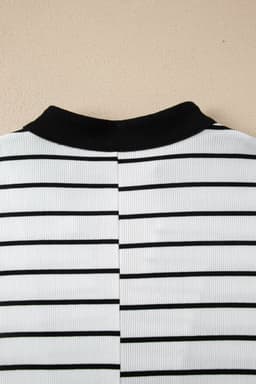 image-Blue Stripe Stand Collar V Neck Elastic Cuffs Half Sleeve Dolman Top