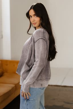 image-Dark Brown Mineral Wash Knit Cardigan - Patchwork