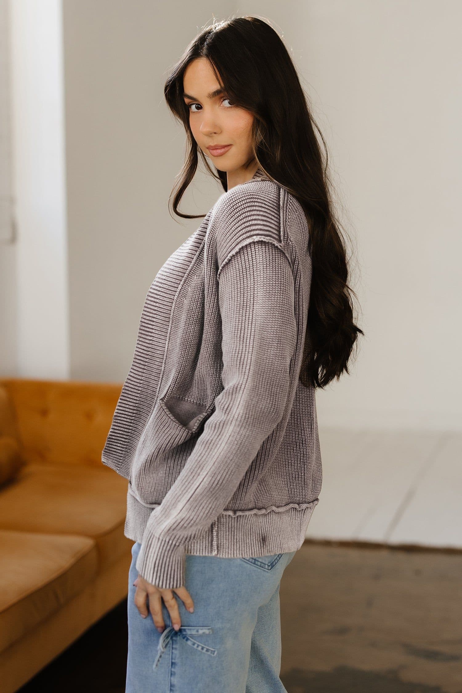 image-Dark Brown Mineral Wash Knit Cardigan - Patchwork