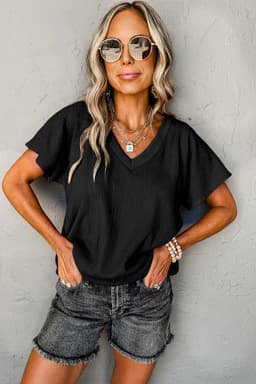 image-Blue Sapphire Crinkled V Neck T-shirt - Women's Fashion