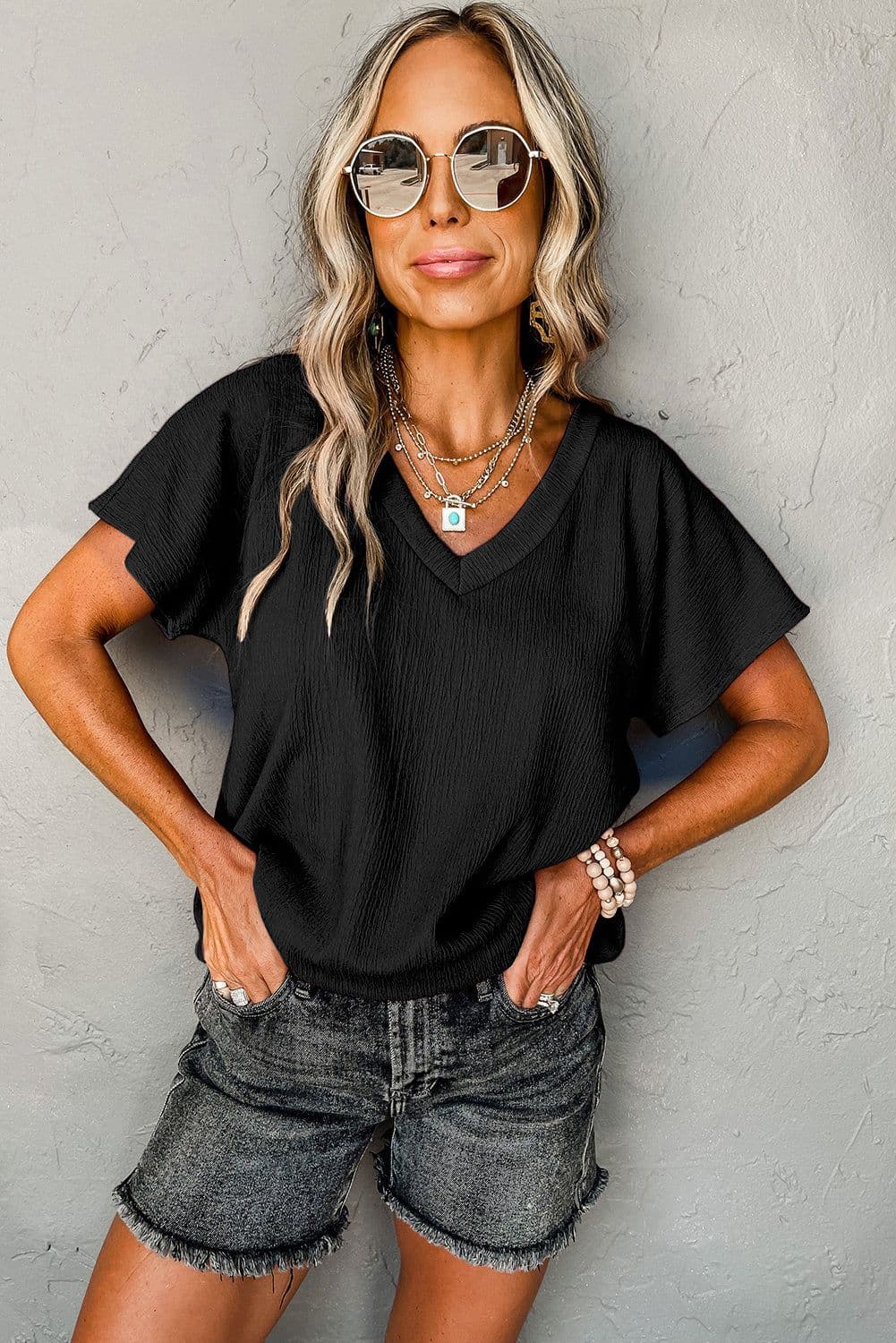 image-Blue Sapphire Crinkled V Neck T-shirt - Women's Fashion