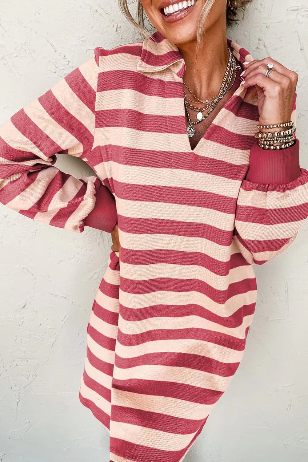 image-Pink Striped V-Neck Loose Long Sleeve Casual Dress (60 chars)