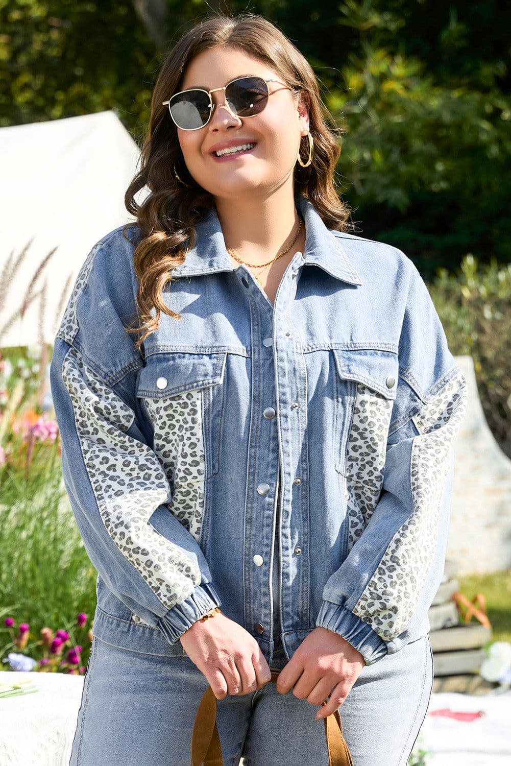 image-Plus Size Denim Jacket - Blue Leopard Patchwork Flap Detail - 65 Character Max