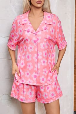 image-Green Flower Print Short Sleeve Pajamas Set