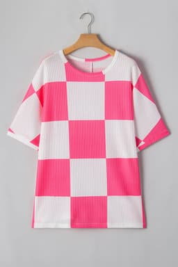 image-Plus Size Checkerboard Textured T-Shirt - White Round Neck