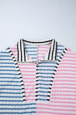 image-Striped Color Block Half Zip Top - Drop Shoulder