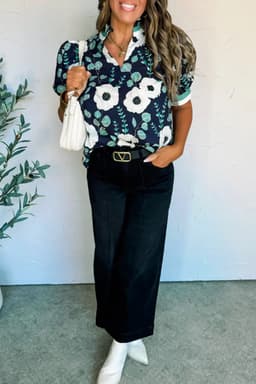 image-Blue Floral Print Striped Patchwork V Neck Short Sleeve Blouse