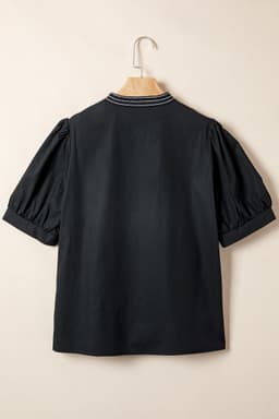 image-Black Short Puff Sleeve Contrast Embroidered Detail V Neck Blouse
