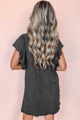 image-Black Textured Ruffled Flutter Sleeve Mini Dress