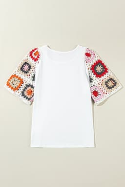 image-White Floral Crochet Top - Short Sleeve, Chic Round Neck, Relaxed Fit