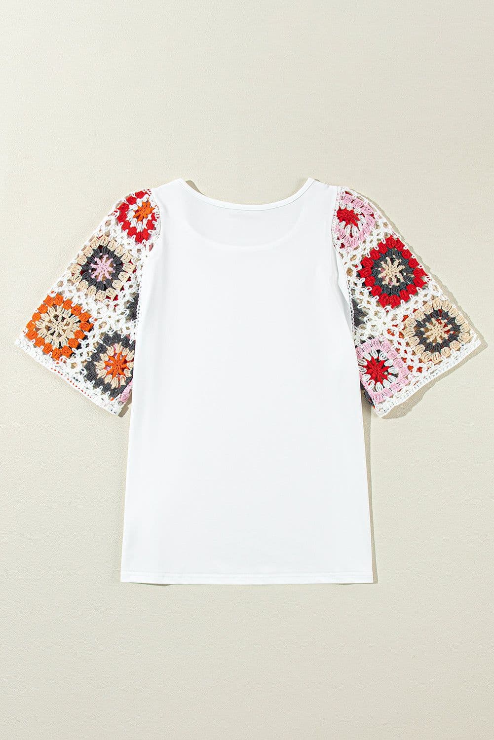 image-White Floral Crochet Top - Short Sleeve, Chic Round Neck, Relaxed Fit