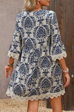 image-Vintage Printed Lace Trim V Neck 3/4 Sleeve Dress - Sky Blue